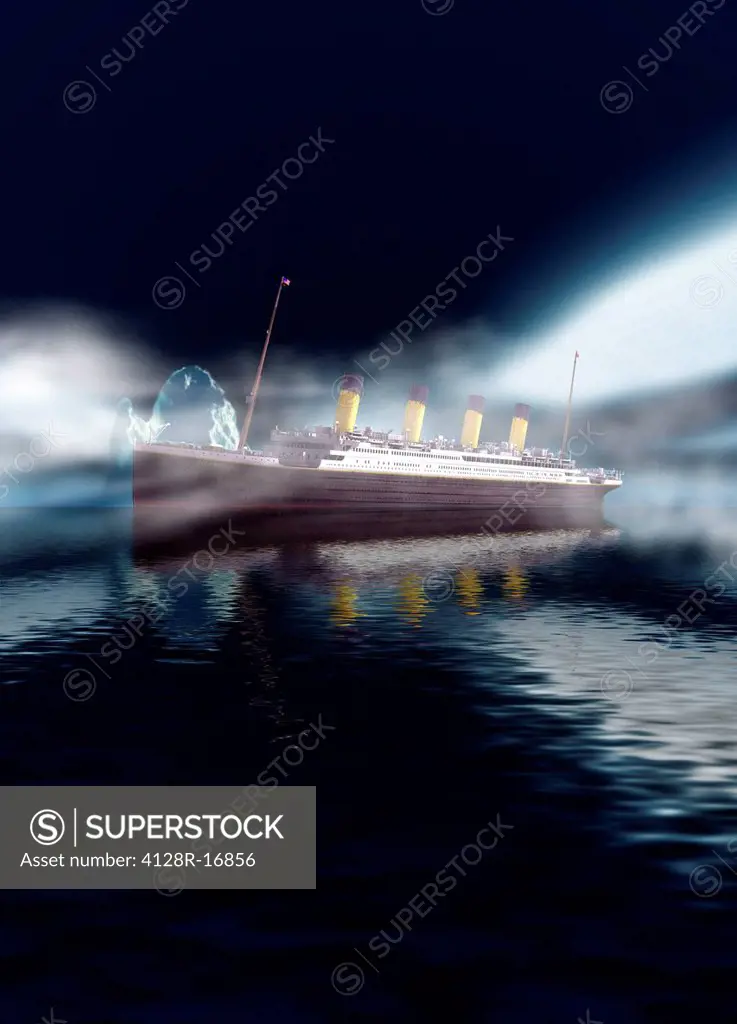Titanic. Computer artwork of RMS Titanic at sea with an iceberg in the background. The Titanic was the largest ocean liner ever built at the time, and...
