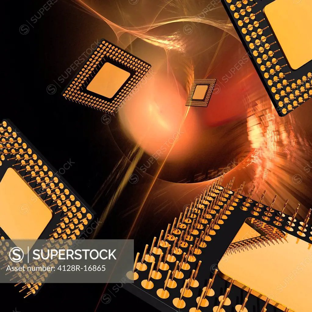 Microprocessor chips, computer artwork.