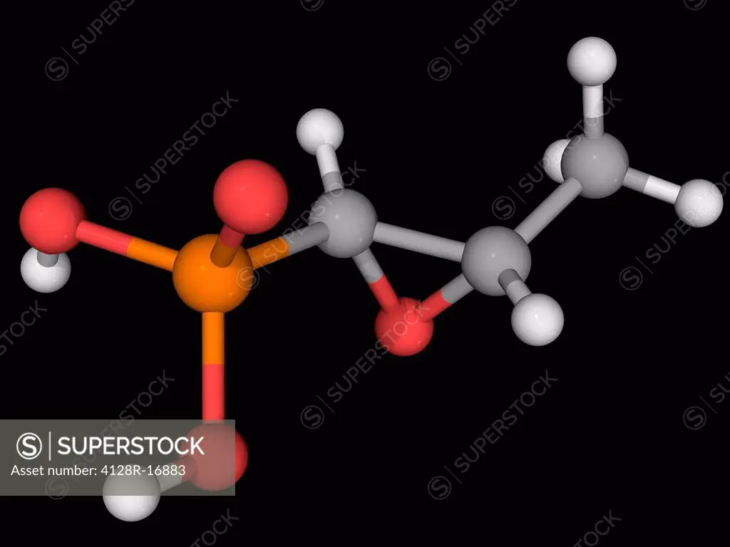 Fosfomycon phosphomycin, molecular model. Broad_spectrum antibiotic used in the treatment of urinary tract infections. Atoms are represented as sphere...