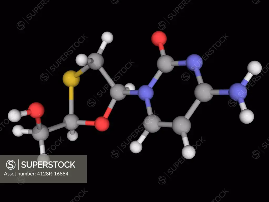 Lamivudine, molecular model. Potent nucleoside analogue reverse transcriptase inhibitor used for treatment of chronic hepatitis B. Atoms are represent...