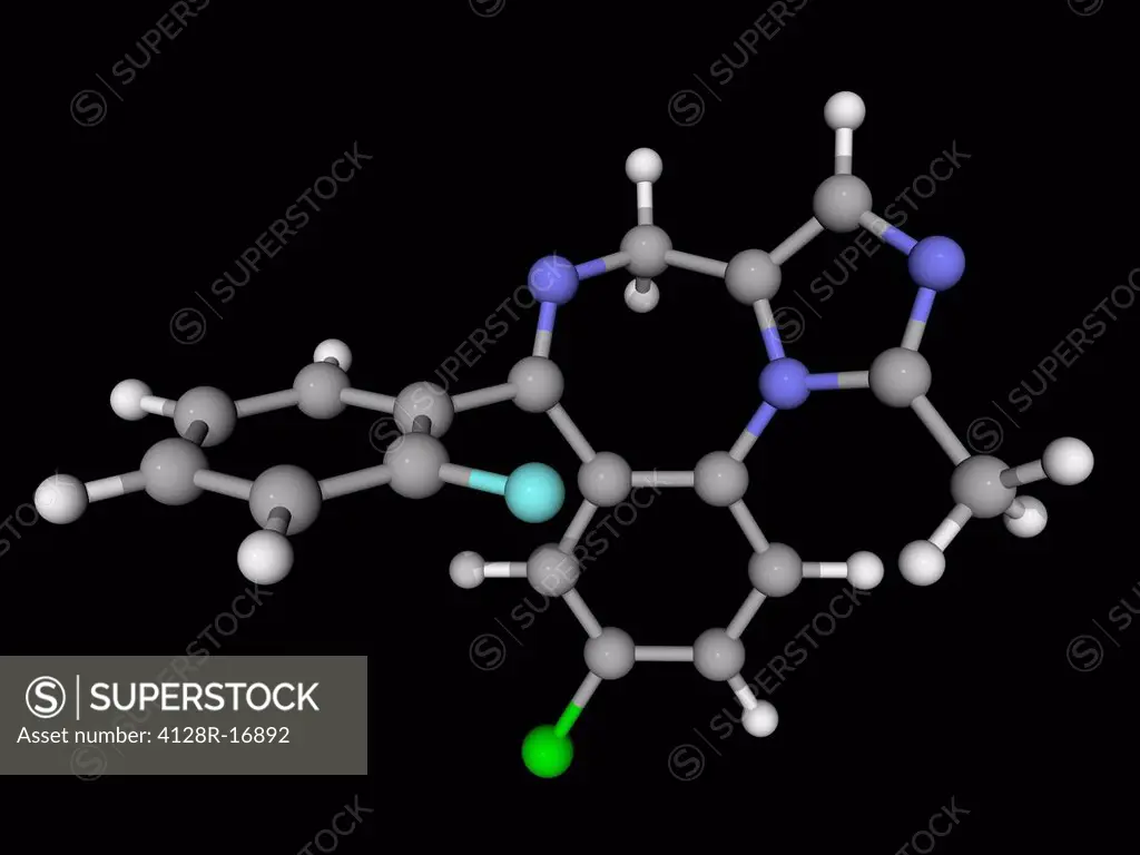 Midazolam, molecular model. Benzodiazepine class drug used to treat acute seizures, insomnia and for inducing sedation and amnesia before medical proc...