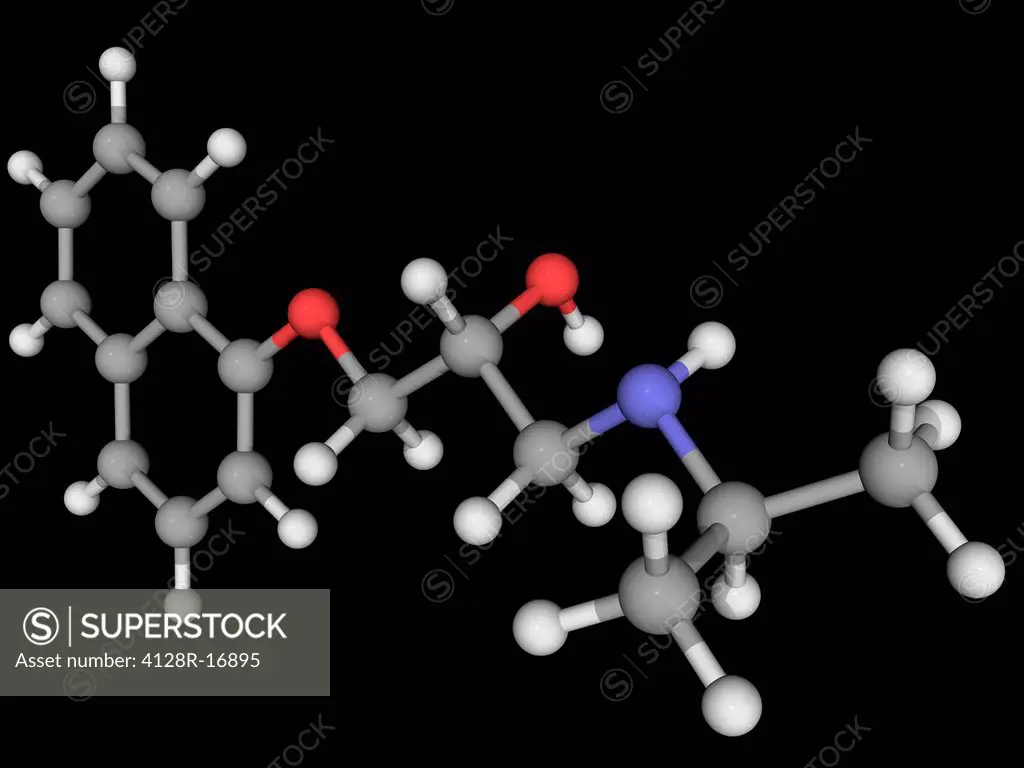 Propanolol, molecular model. Sympatholic non_selective beta blocker used to treat hypertension, anxiety and panic. Atoms are represented as spheres an...