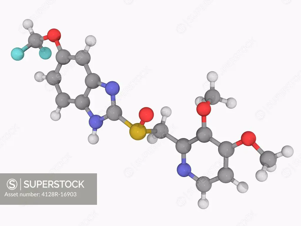 Pantoprazole, molecular model. Drug acting as a proton pump inhibitor for treating gastroesophageal reflux disease. Atoms are represented as spheres a...