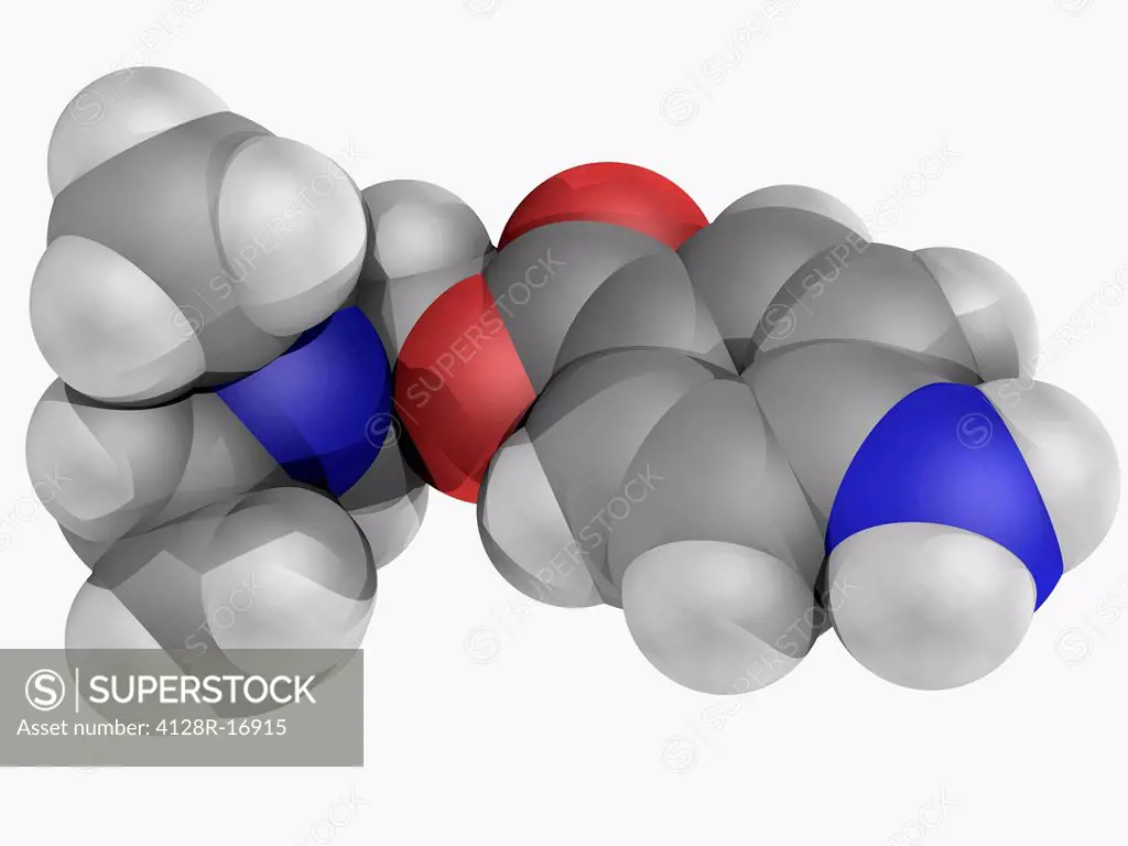 Procaine novocaine, molecular model. Local aesthetic drug acting as a sodium channel blocker. Atoms are represented as spheres and are colour_coded: c...