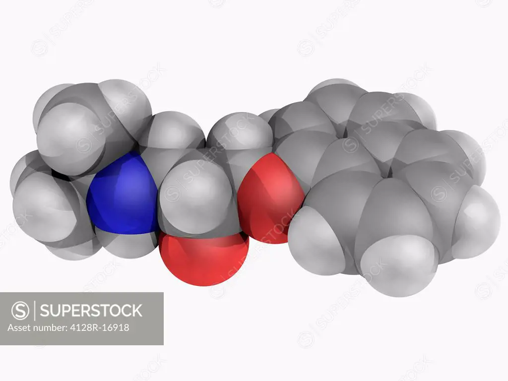 Propanolol, molecular model. Sympatholic non_selective beta blocker used to treat hypertension, anxiety and panic. Atoms are represented as spheres an...