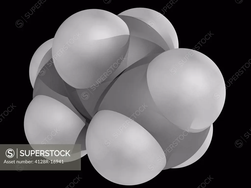 Propane, molecular model. Organic compound and by_product of natural gas processing and petroleum refining. Commonly used as fuel. Atoms are represent...