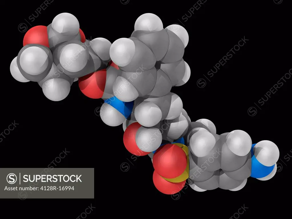 Darunavir, molecular model. Second generation protease inhibitor used to treat HIV infection. Atoms are represented as spheres and are colour_coded: c...