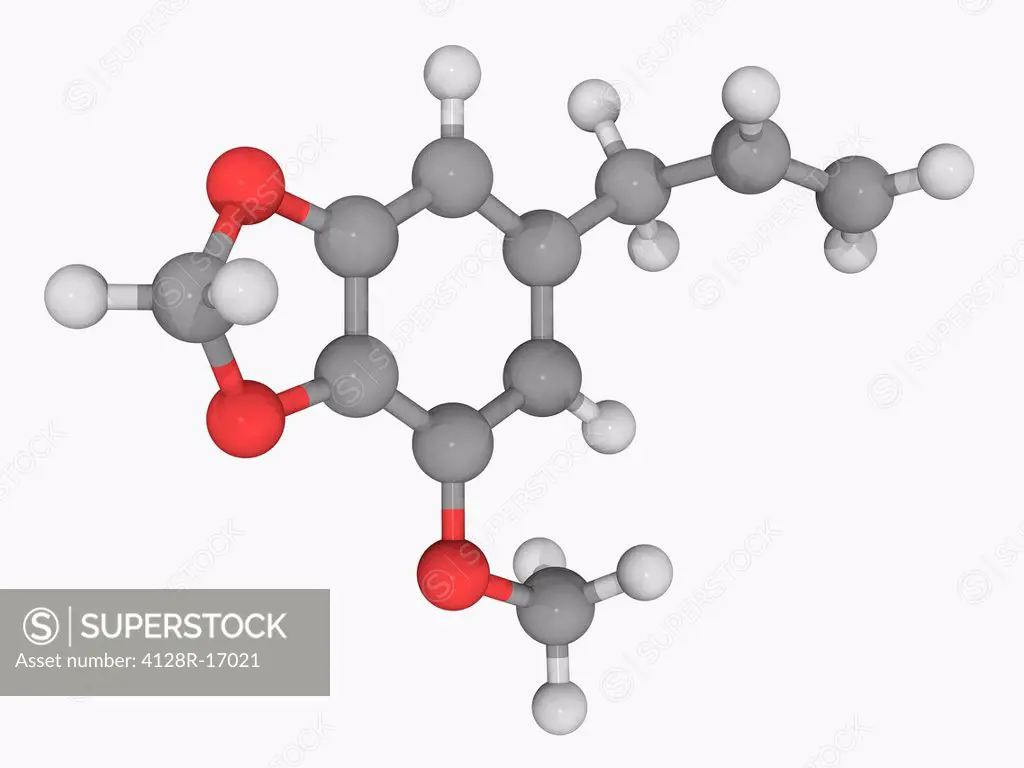 Myristicin, molecular model. Natural organic compound found in the essential oil of nutmeg. Atoms are represented as spheres and are colour_coded: car...
