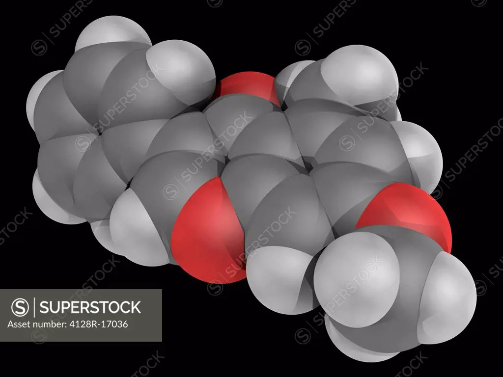 Methoxyisoflavone, molecular model. Dietary supplement for increasing strength and muscle mass. Atoms are represented as spheres and are colour_coded:...