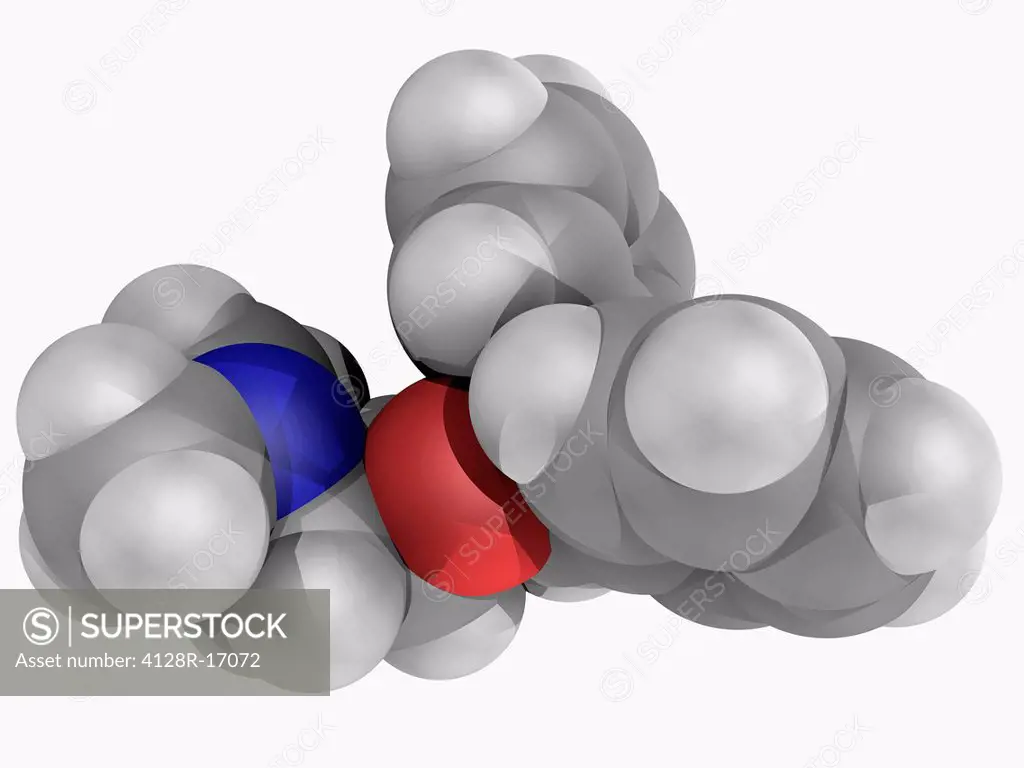 Diphenhydramine, molecular model. First_generation antihistamine used to treat allergic symptoms and itchiness, the common cold, insomnia, motion sick...