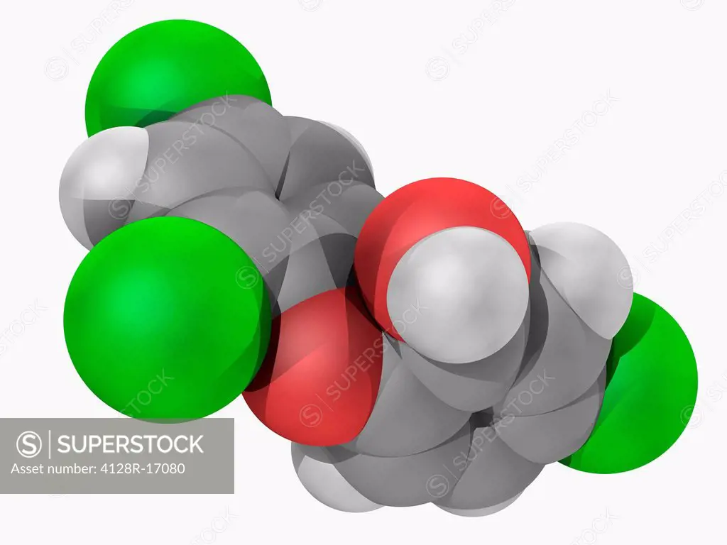Triclosan, molecular model. Organic compound acting as an antibacterial and antifungal agent. Atoms are represented as spheres and are colour_coded: c...