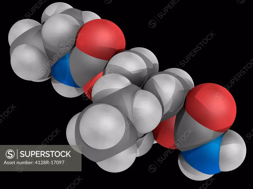 Carisoprodol, molecular model. Drug used as centrally_acting muscle relaxant. Atoms are represented as spheres and are colour_coded: carbon grey, hydr...