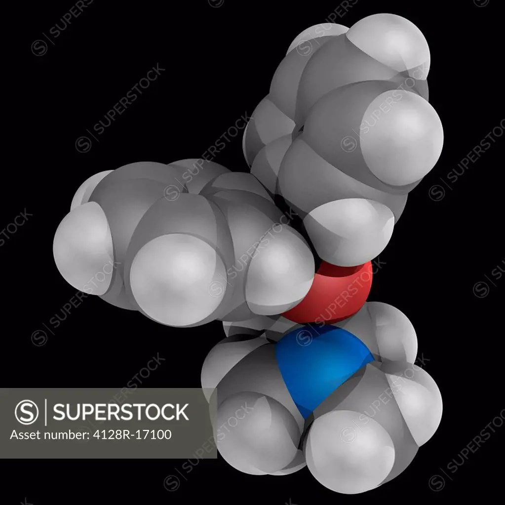 Diphenhydramine, molecular model. First_generation antihistamine used to treat allergic symptoms and itchiness, the common cold, insomnia, motion sick...