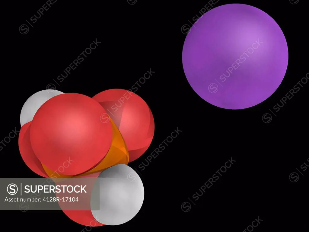 Monosodium phosphate, molecular model. Chemical compound used as a laxative. Atoms are represented as spheres and are colour_coded: phosphorus orange,...
