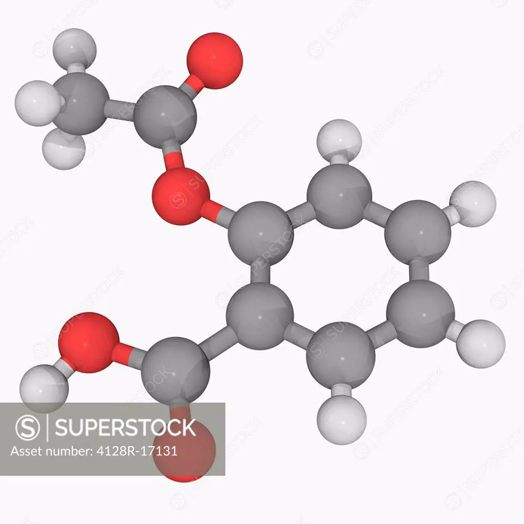 Aspirin acetylsalicylic acid, molecular model. Used as an analgesic, antipyretic and anti_inflammatory. Atoms are represented as spheres and are colou...