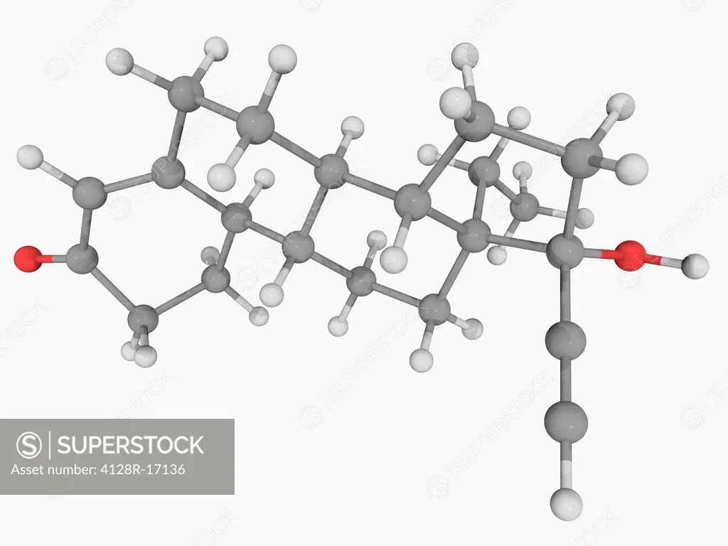 Levonorgestrel, molecular model. Second generation synthetic progesterone used in some hormonal contraceptives. Atoms are represented as spheres and a...