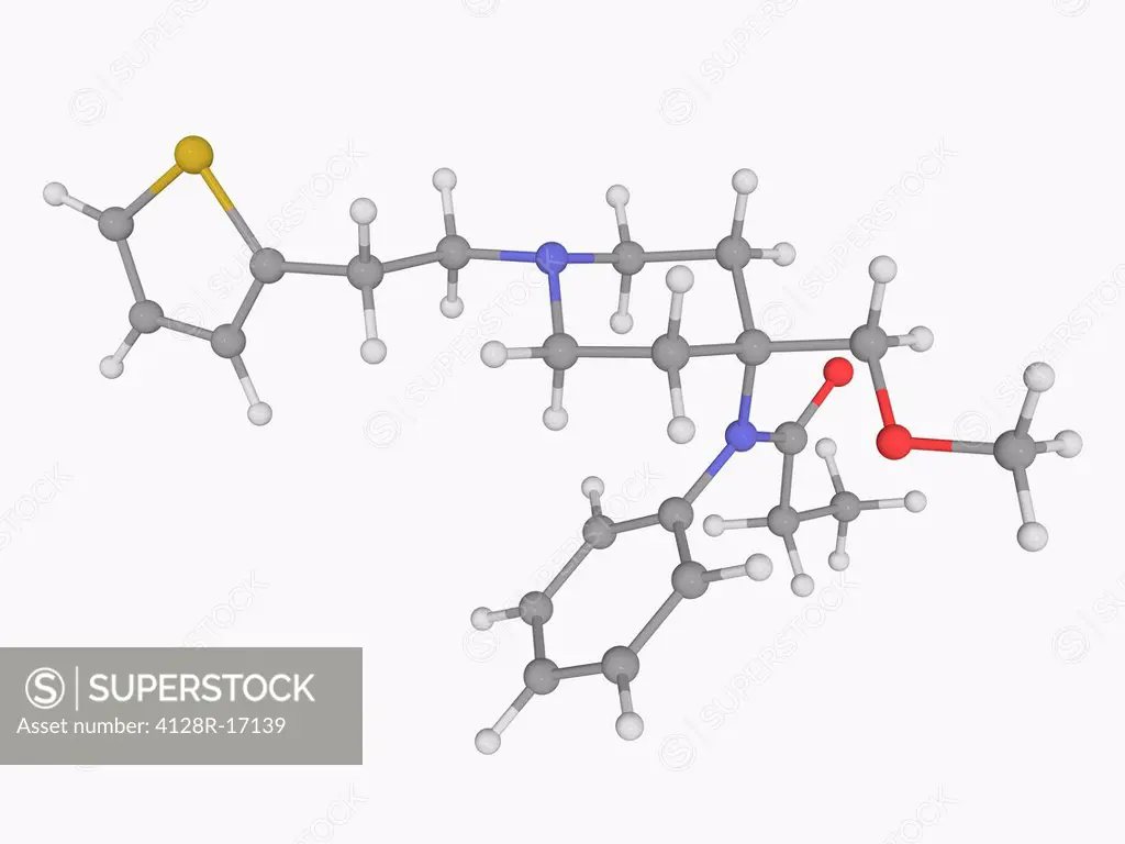 Sufentanil, molecular model. Synthetic opioid analgesic drug. Atoms are represented as spheres and are colour_coded: carbon grey, hydrogen white, nitr...