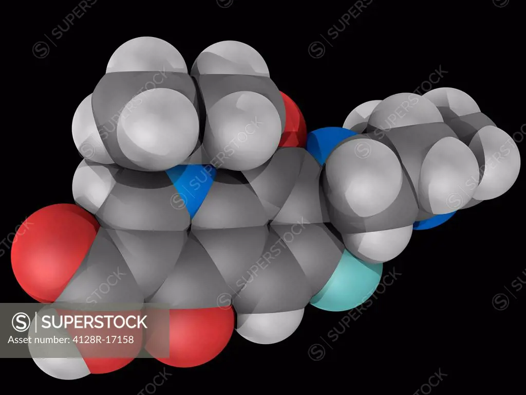 Levofloxacin, molecular model. Synthetic chemotherapeutic antibiotic used to treat severe or life_threatening bacterial infections. Atoms are represen...