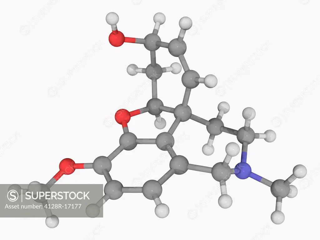 Galantamine, molecular model. Reverse cholinesterase inhibitor used for the treatment of mild to moderate Alzheimer´s disease. Atoms are represented a...