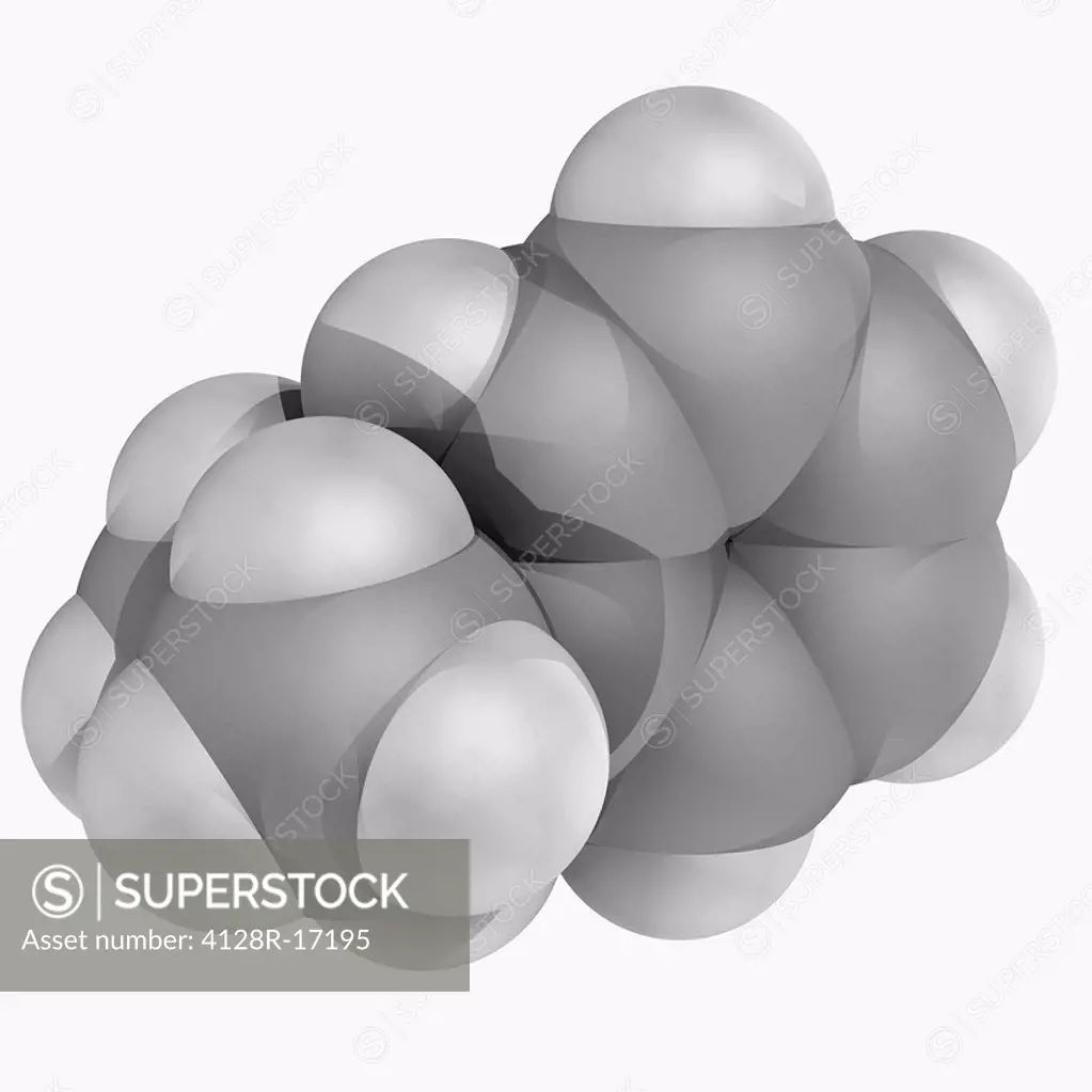 Cumene isopropylbenzene, molecular model. Aromatic hydrocarbon, constituent of crude oil and refined fuels. Atoms are represented as spheres and are c...