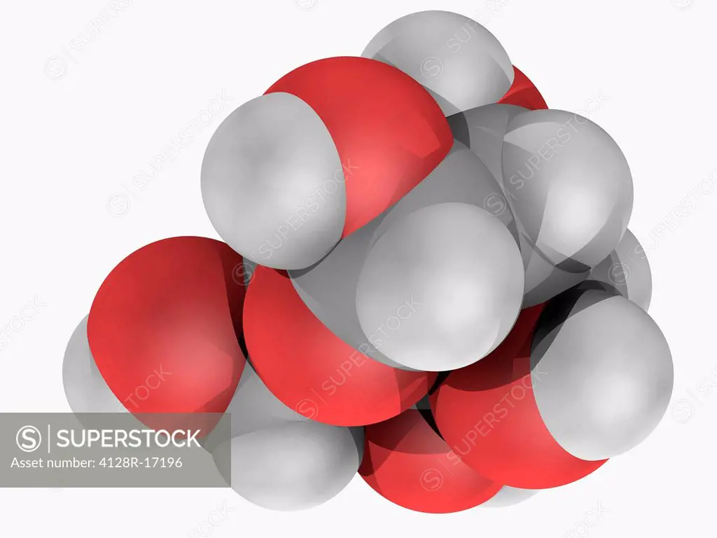 Galactose, molecular model. Organic compound, type of sugar less sweet than glucose. Atoms are represented as spheres and are colour_coded: carbon gre...