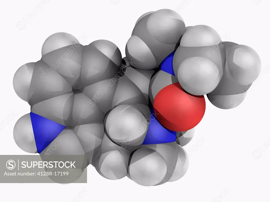 LSD lysergic acid diethylamide, lysergide, molecular model. Semisynthetic psychedelic drug. Atoms are represented as spheres and are colour_coded: car...