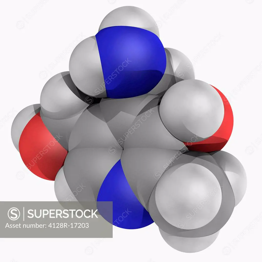 Vitamin B6 pyridoxamine, molecular model. Vitamin converted to pyridoxal phosphate to become biologically active. Atoms are represented as spheres and...