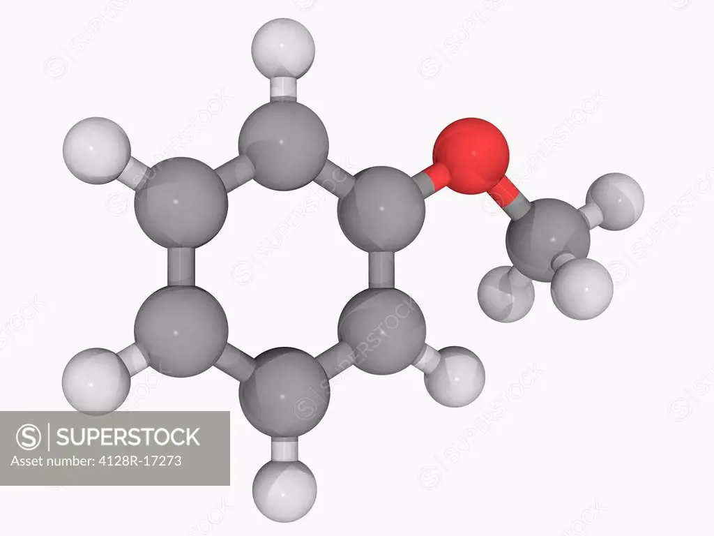 Anisole, molecular model. Colourless liquid with an anise seed smell. Its derivatives are found in natural and artificial fragrances. Atoms are repres...