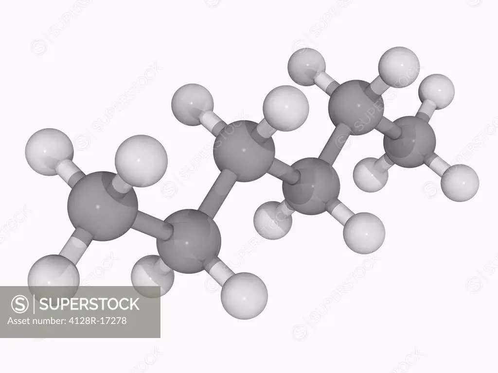 Hexane, molecular model. Hydrocarbon, significant constituent of gasoline. Widely used as non_polar solvent. Atoms are represented as spheres and are ...