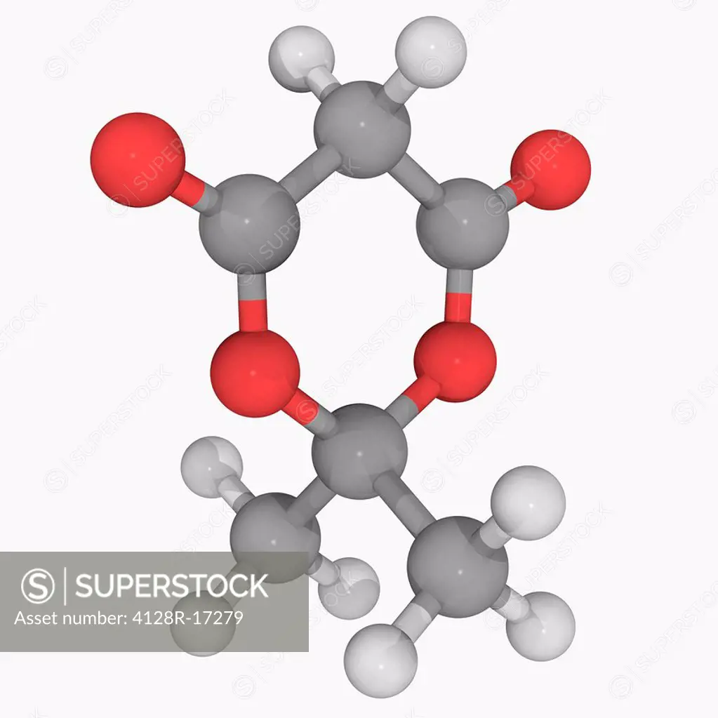 Meldrum´s acid, molecular model. Organic compound with great acidity. At high temperatures it produces ketene intermediates useful for synthetic chemi...