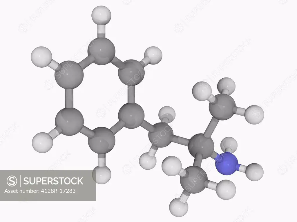 Phentermine, molecular model. Psychostimulant drug of the phenethylamide class used as an appetite suppressant. Atoms are represented as spheres and a...