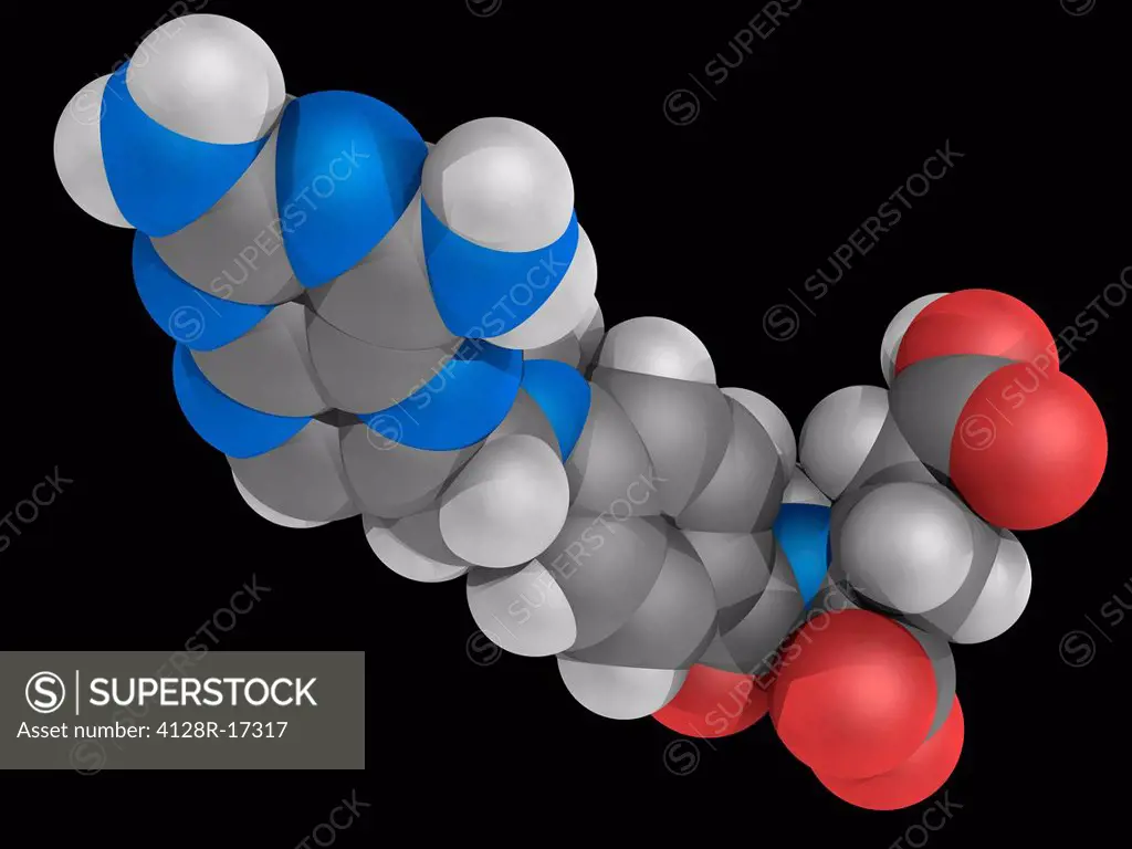 Methotrexate, molecular model. Antimetabolite and antifolate drug used in the treatment of cancer, autoimmune diseases, ectopic pregnancy, and for the...