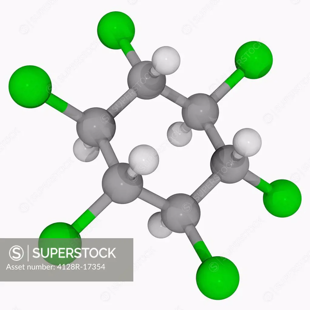 Lindane, molecular model. Organochlorine compound that has been used both as an agricultural insecticide and as a pharmaceutical treatment of lice and...