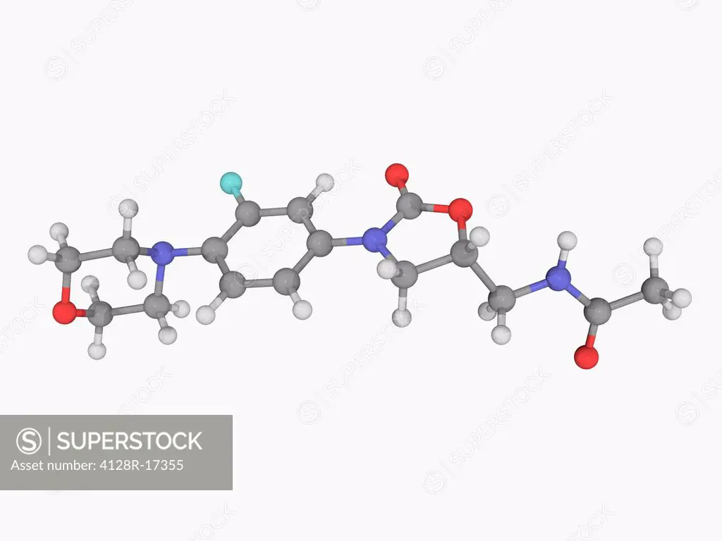 Linezolid, molecular model. Synthetic antibiotic used for the treatment of serious infections resistant to several other antibiotics. Atoms are repres...