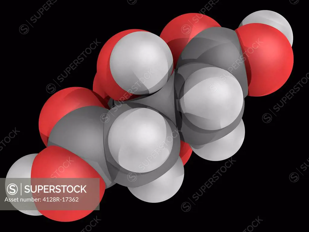 Citric acid, molecular model. Weak organic acid, used mainly as an acidifier, as a flavoring and as a chelating agent. Atoms are represented as sphere...