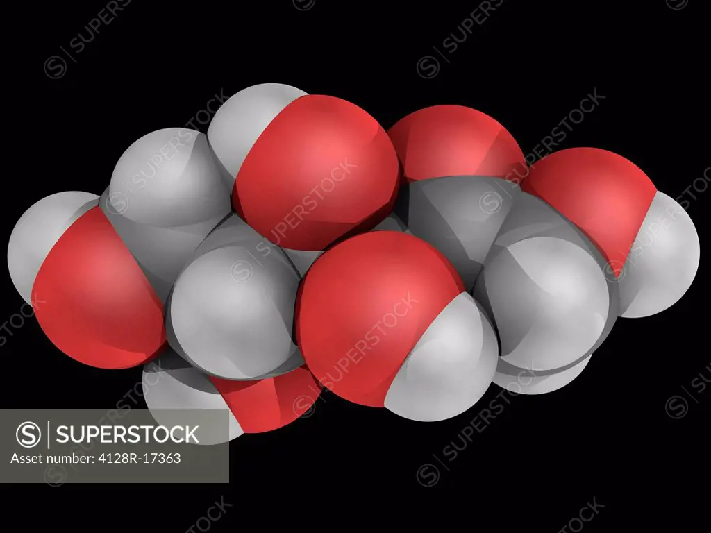 D_Fructose, molecular model. Fruit sugar found in many plants. Atoms are represented as spheres and are colour_coded: carbon grey, hydrogen white and ...
