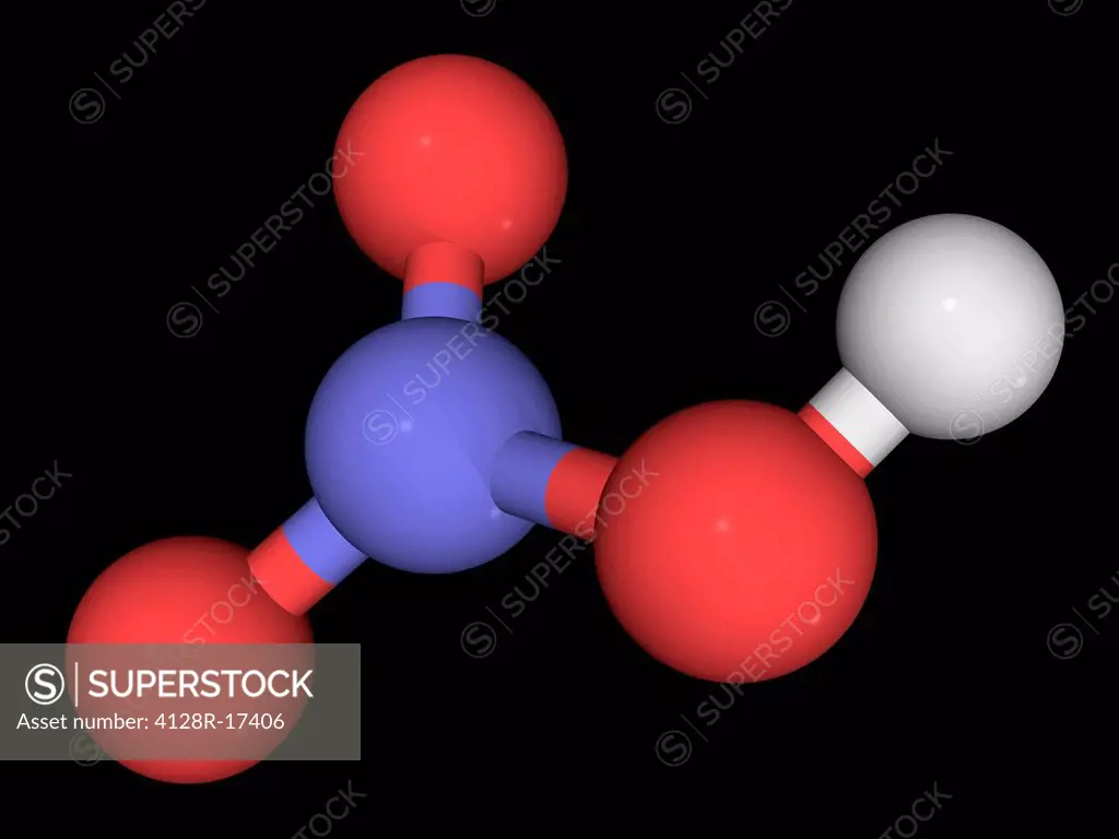 Nitric acid, molecular model. Highly corrosive and toxic strong mineral acid mainly used for the production of fertilizers. Also a strong oxidizing ag...
