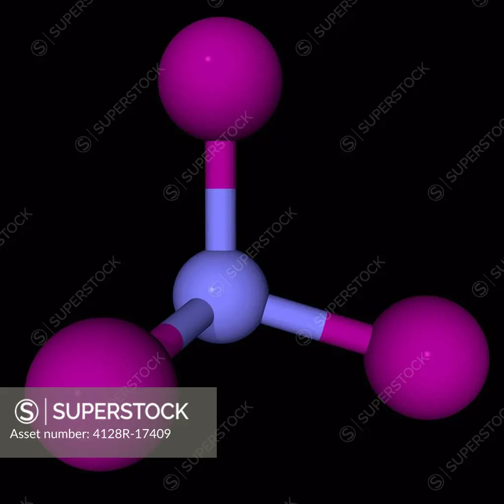 Nitrogen triiodide, molecular model. Highly shock_sensitive explosive compound. Atoms are represented as spheres and are colour_coded: nitrogen blue a...