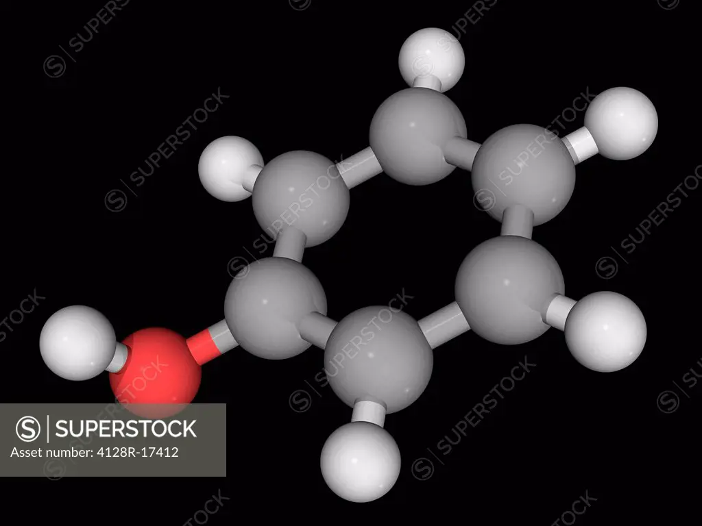 Phenol carbolic acid, molecular model. Organic compound used for building polycarbonates, epoxies, Bakelite, nylon, detergents and a large collection ...