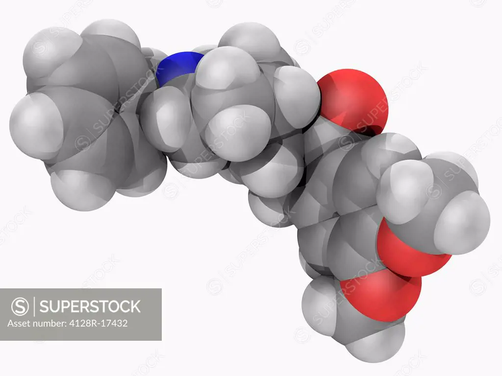 Donepezil, molecular model. Centrally acting reversible acetylcholinesterase inhibitor used in the palliative treatment of mild to moderate Alzheimer´...