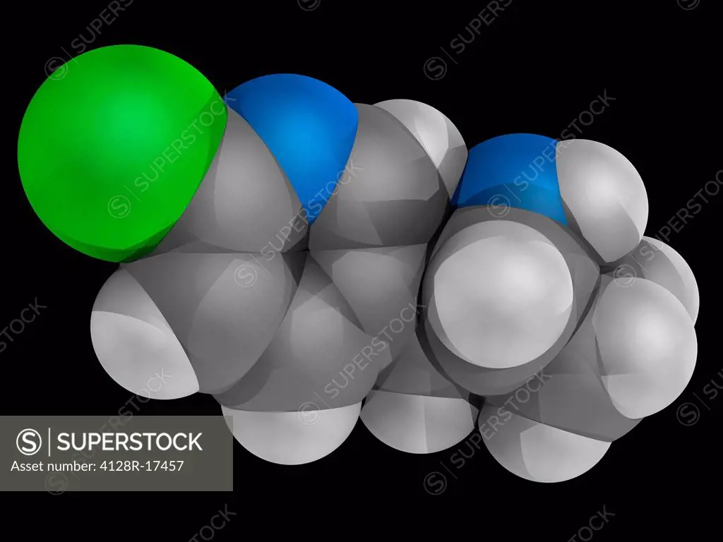 Epibatidine, molecular model. Poisonous alkaloid found on the skin of Ecuadorian frog Epipedobates tricolour. Atoms are represented as spheres and are...