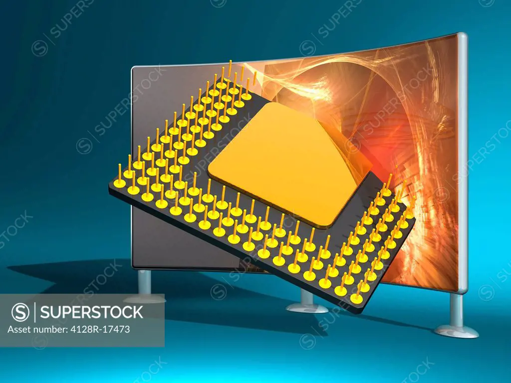 Microprocessor chip research, conceptual computer artwork.