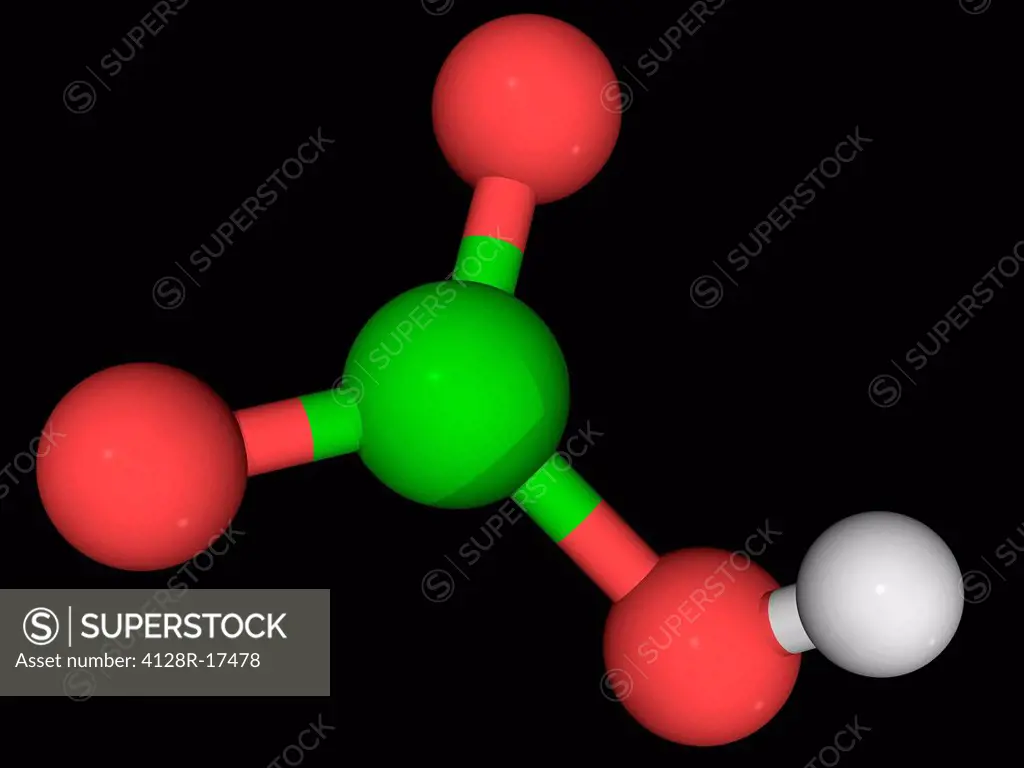 Chloric acid, molecular model. Strong acid and oxidizing agent. Atoms are represented as spheres and are colour_coded: hydrogen white, oxygen red and ...