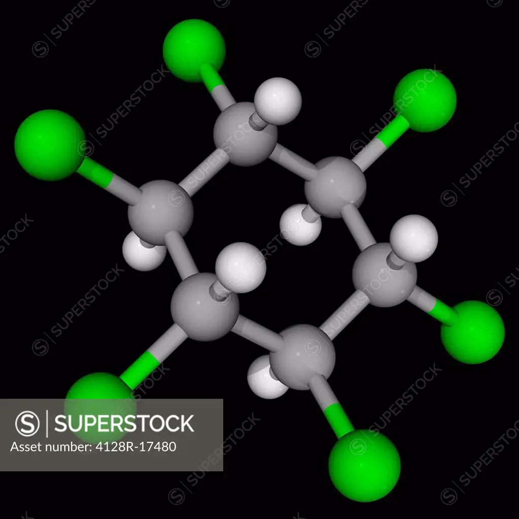 Lindane, molecular model. Organochlorine compound that has been used both as an agricultural insecticide and as a pharmaceutical treatment of lice and...