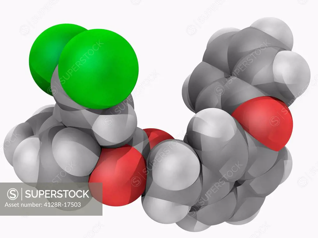 Permethrin, molecular model. Synthetic compound used as an insecticide, acaricide and insect repellent. Atoms are represented as spheres and are colou...