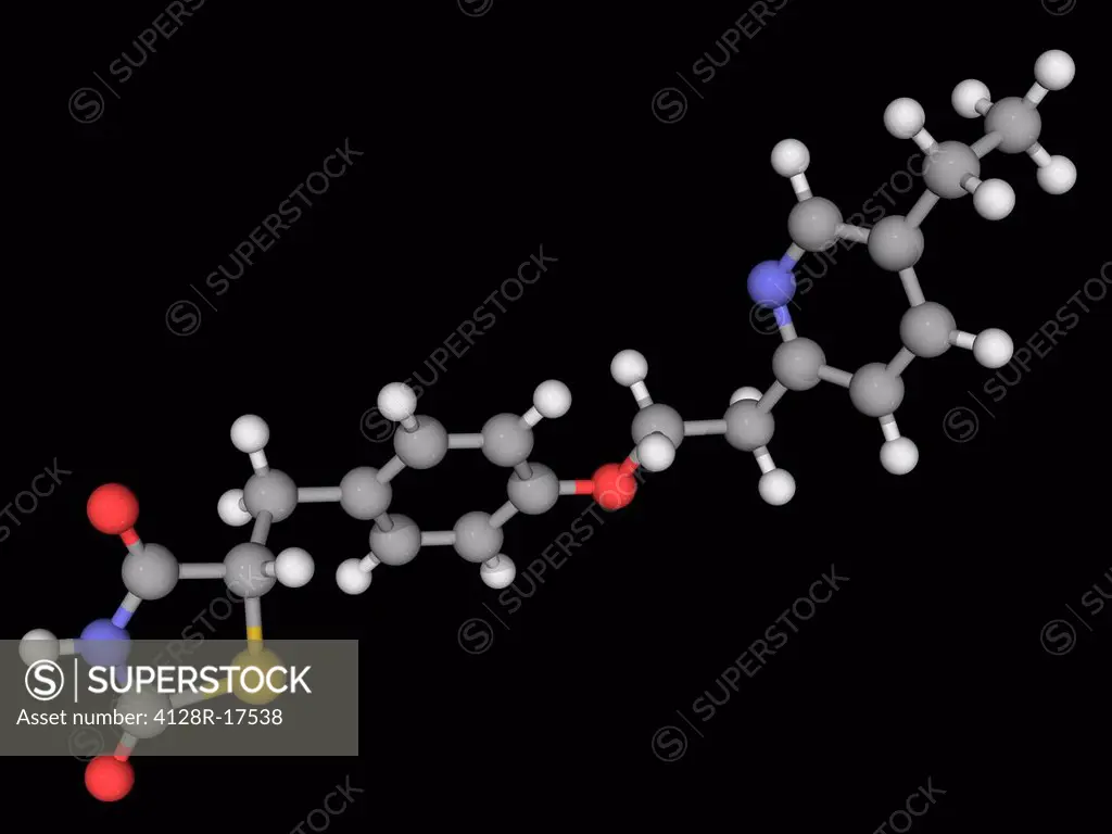 Pioglitazone, molecular model. Drug used for the treatment of diabetes mellitus type 2. Atoms are represented as spheres and are colour_coded: carbon ...