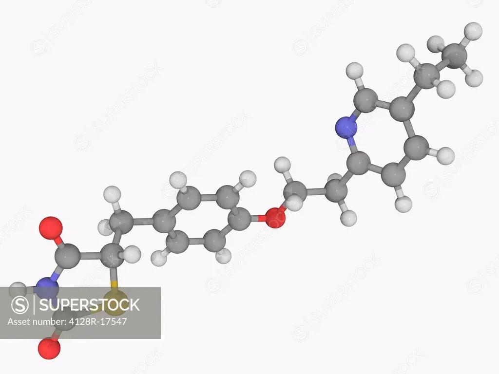 Pioglitazone, molecular model. Drug used for the treatment of diabetes mellitus type 2. Atoms are represented as spheres and are colour_coded: carbon ...