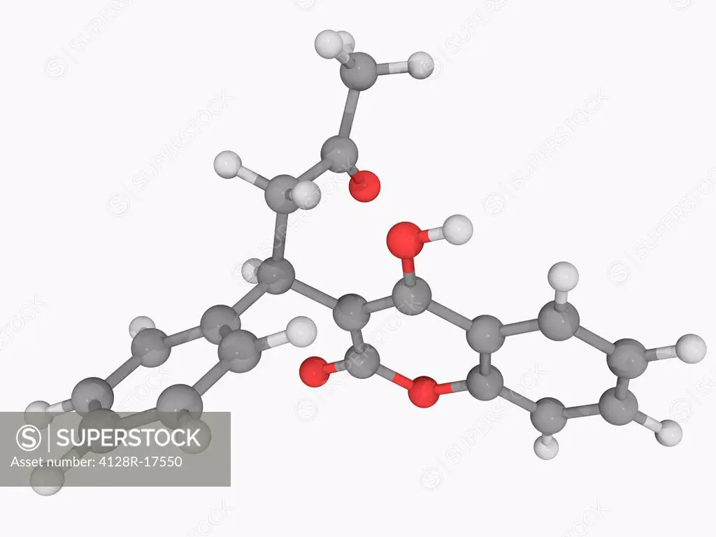 Warfarin, molecular model. Drug used as an anticoagulant. Atoms are represented as spheres and are colour_coded: carbon grey, hydrogen white and oxyge...