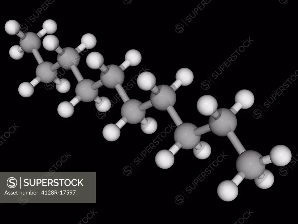 Decane, molecular model. Alcane hydrocarbon, one of the components of gasoline. Atoms are represented as spheres and are colour_coded: carbon grey and...