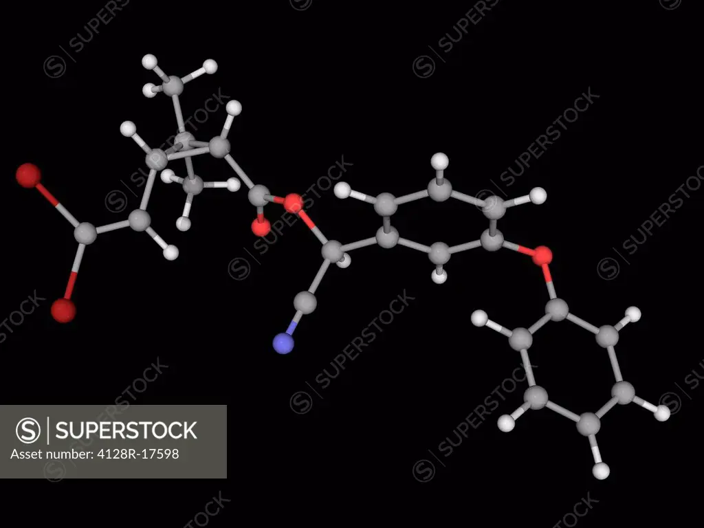 Deltamethrin, molecular model. Popular and widely used pyrethroid ester insecticide. Atoms are represented as spheres and are colour_coded: carbon gre...